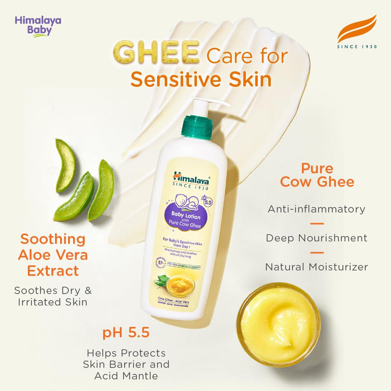 Himalaya Baby Lotion with Pure Cow Ghee & pH5.5 (100ml) | Non-greasy, Moisturizes & soothes skin all day long | For baby's sensitive skin