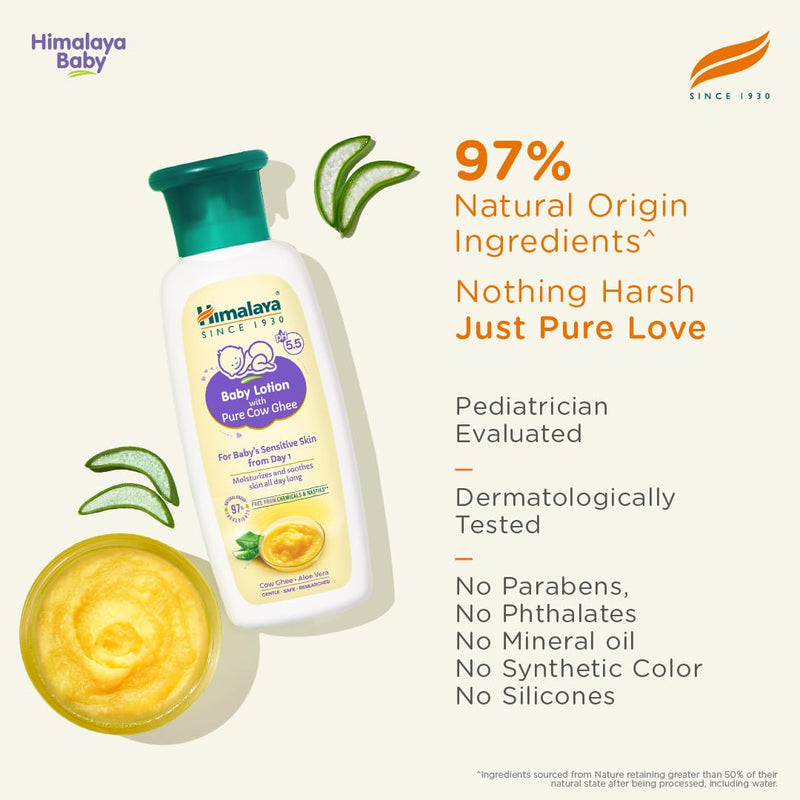 Himalaya Baby Lotion with Pure Cow Ghee & pH5.5 (100ml) | Non-greasy, Moisturizes & soothes skin all day long | For baby's sensitive skin