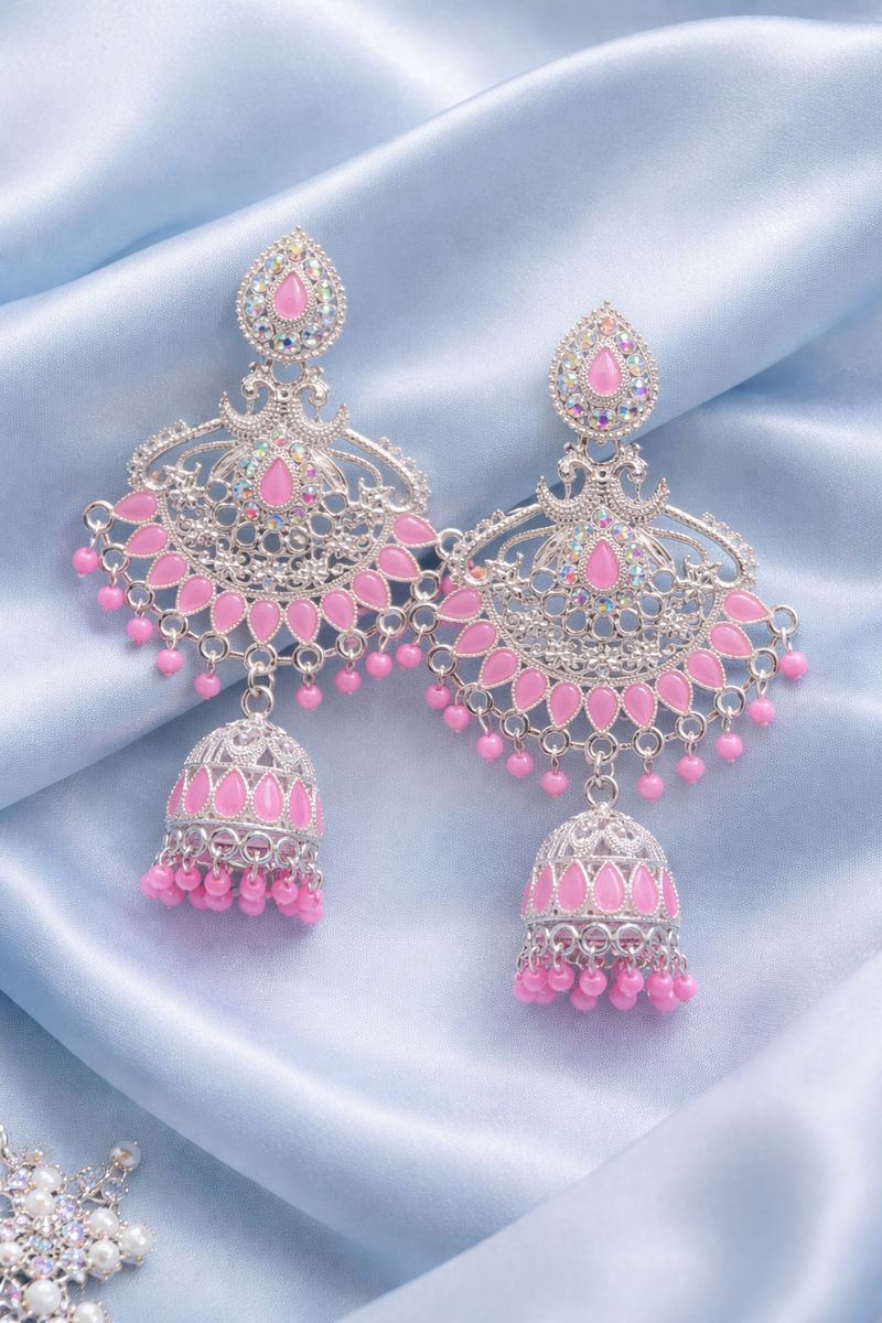 Anti-Tarnish Classic Silver Finish Pink Stone Earrings