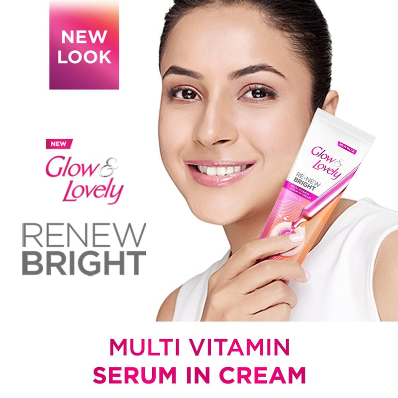 Glow & Lovely Renew Bright Multivitamin Serum In Cream | Vitamins B,C And E | Renews Skin Cells |Bright And Healthy Skin | Clinically Proven Formula Is Dermatologically Tested | 80G 