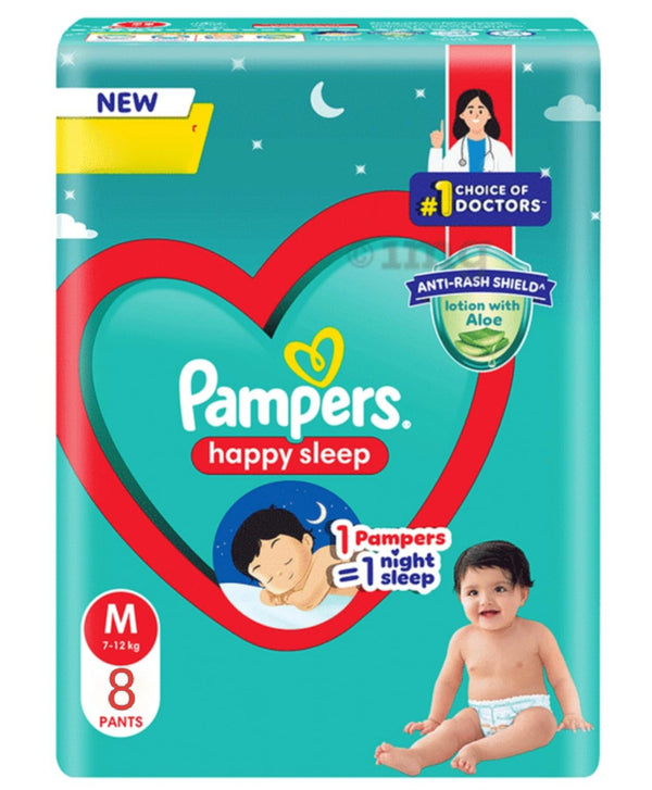 Pampers Happy Sleep Pant Style Baby Diapers, Large (M), 7 Count, 1 Pampers = 1 Night Sleep, with Anti Rash Shield, 7-12 Kg Diapers
