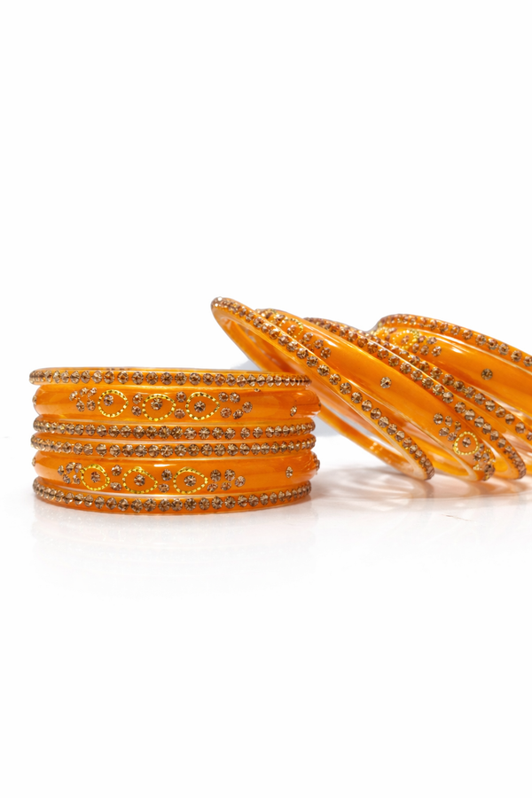 Luxury Haldi Colour Designer Glass Bangles with Crystal Detailing - Set of 12