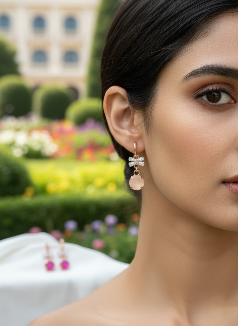 Gold Finish Drop Earrings with Peach & Pink Stone