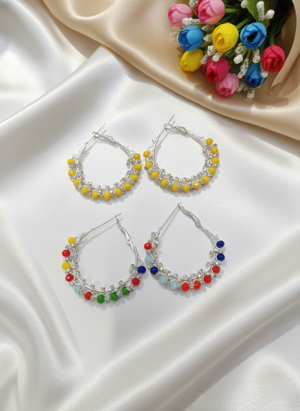 Cute Multicolour Beaded Silver Hoop Earrings for Everyday Use