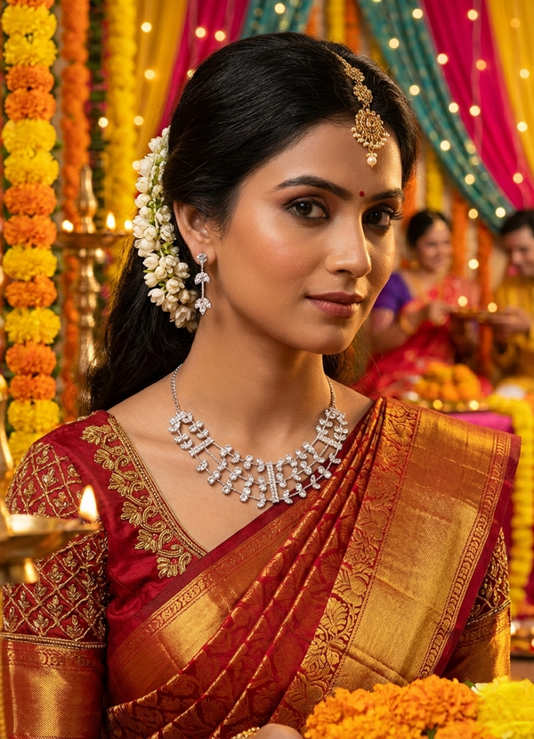 Anti-Tarnish Silver-Finish Crystal Necklace Set with Matching Earrings