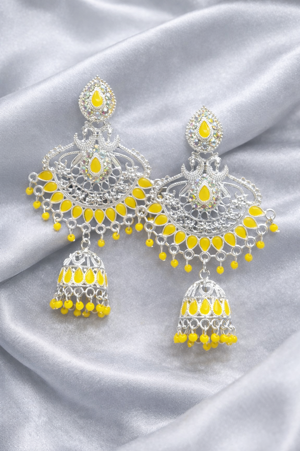 Anti-Tarnish Silver Finish Yellow Stone Traditional Jhumka Earrings