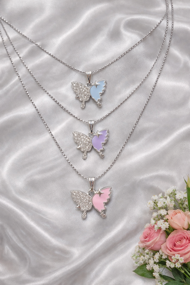 Sweet Butterfly Long Chain Necklace Set – Sky Blue, Lavender & Baby Pink-3