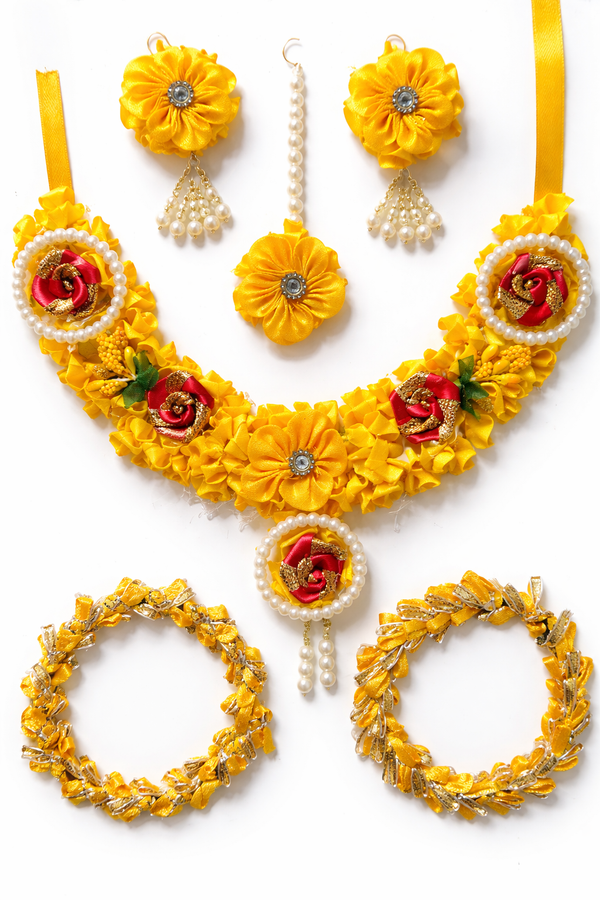 Bridal Haldi Ceremony Special Yellow Satin Floral Jewellery Combo