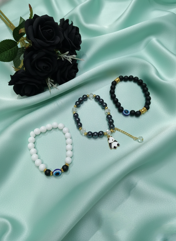 Black & White Beaded Panda Charm Bracelet Set – Pack of 3