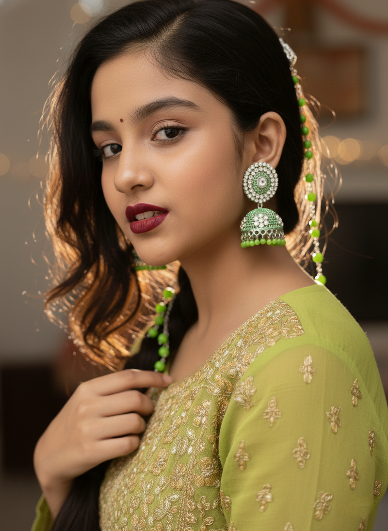 Anti-Tarnish Green Pearl Earrings Jhumka with Ear Chain