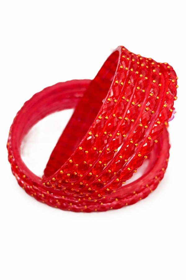 Luxury Red Crystal Glass Bangles Set of 12 with Shiny Finish
