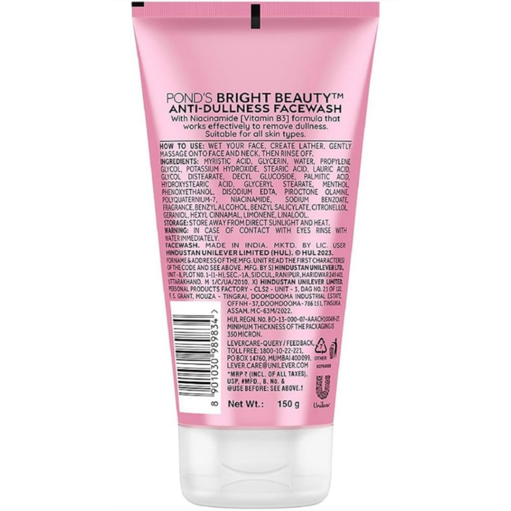Ponds Bright Beauty Anti-Dullness & Brightening Facewash with Niacinamide | For Glass-Skin Like Shine and with 4X Visibly Brighter Skin, 150gm