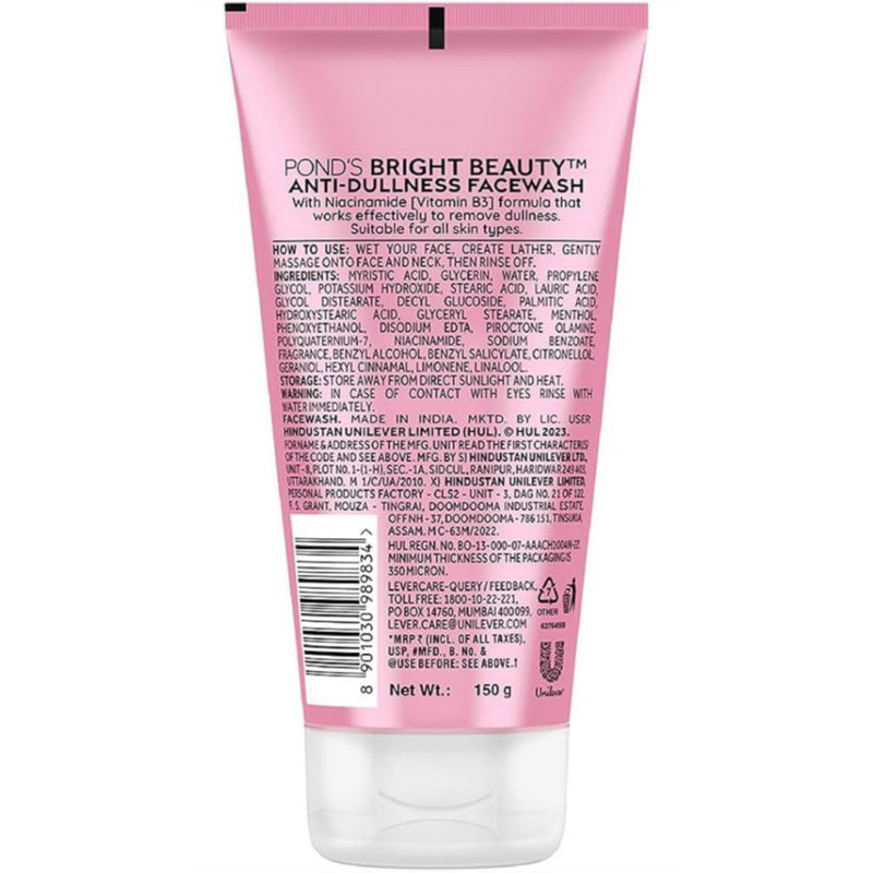 Ponds Bright Beauty Anti-Dullness & Brightening Facewash with Niacinamide | For Glass-Skin Like Shine and with 4X Visibly Brighter Skin, 150gm