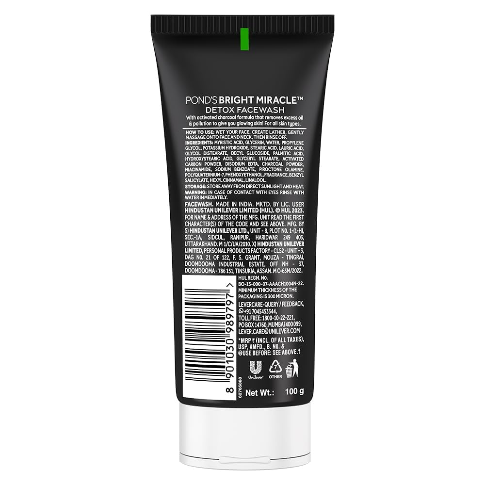 Ponds Bright Miracle Detox Facewash | 10X Power of Activated Charcoal| For Deep Cleaned Skin | Reveals Glow, Pollution Clear Face Wash, 100gm