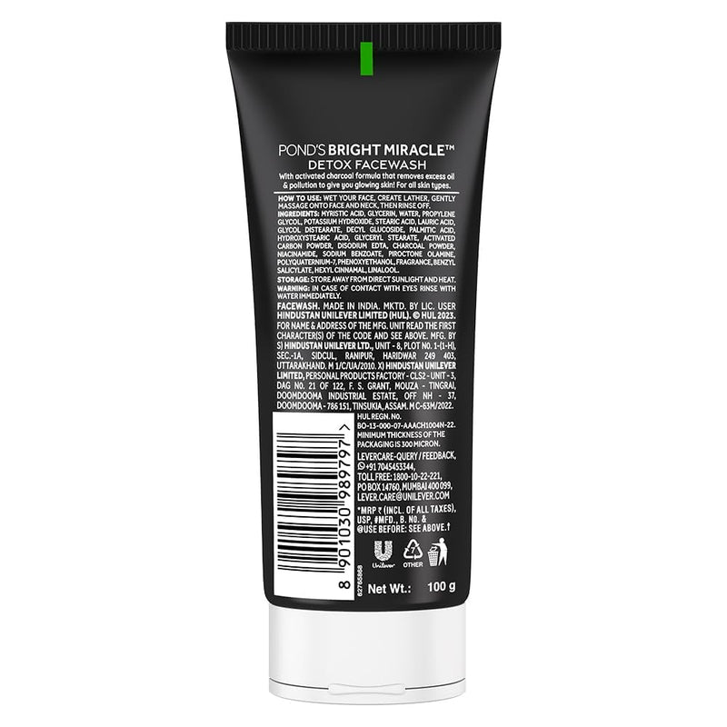 Ponds Bright Miracle Detox Facewash | 10X Power of Activated Charcoal| For Deep Cleaned Skin | Reveals Glow, Pollution Clear Face Wash, 100gm