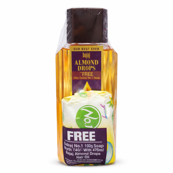 Bajaj Almond Drops Hair Oil, 475ml, Light & Non-Sticky with 6X Vitamin E for 2X Hair fall Reduction| FREE Godrej No.1 100g Soap worth ₹40/-*