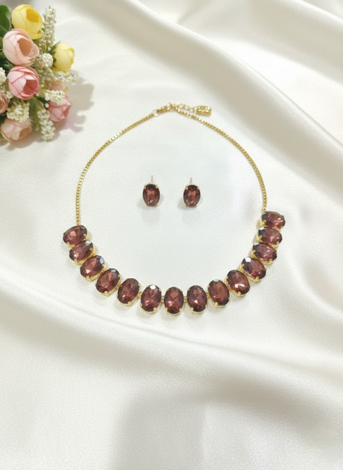 Anti-Tarnish Gold Finish Crystal Necklace Set with Matching Earrings