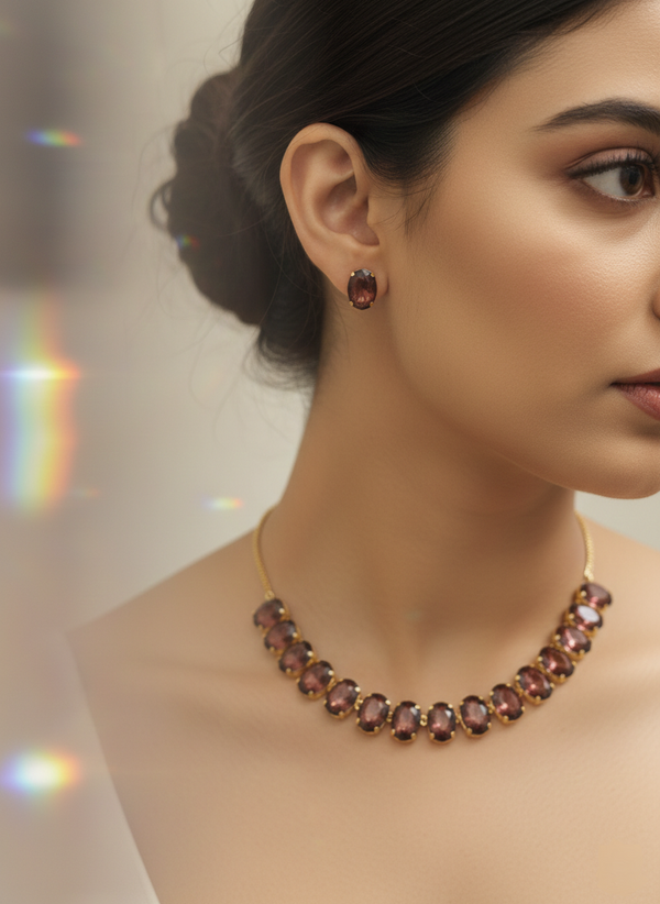 Anti-Tarnish Gold Finish Crystal Necklace Set with Matching Earrings