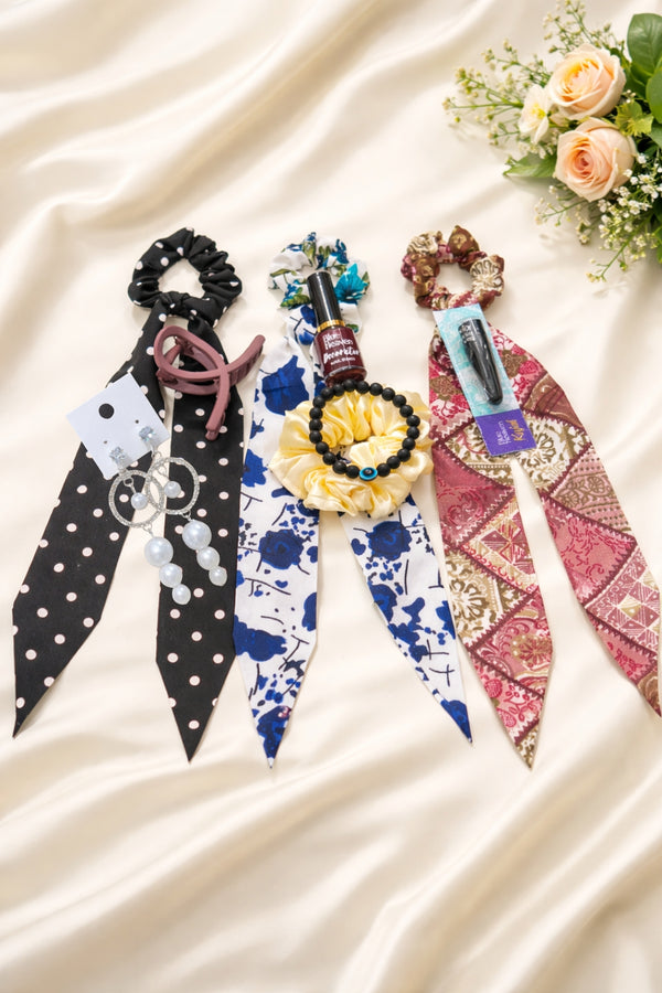 Girls Fashion Accessories Combo Pack of 9 – Scarf Scrunchie, Scrunchie,Earrings, Clutcher, Bracelet, Bule Heaven-NailPaint & Kajal