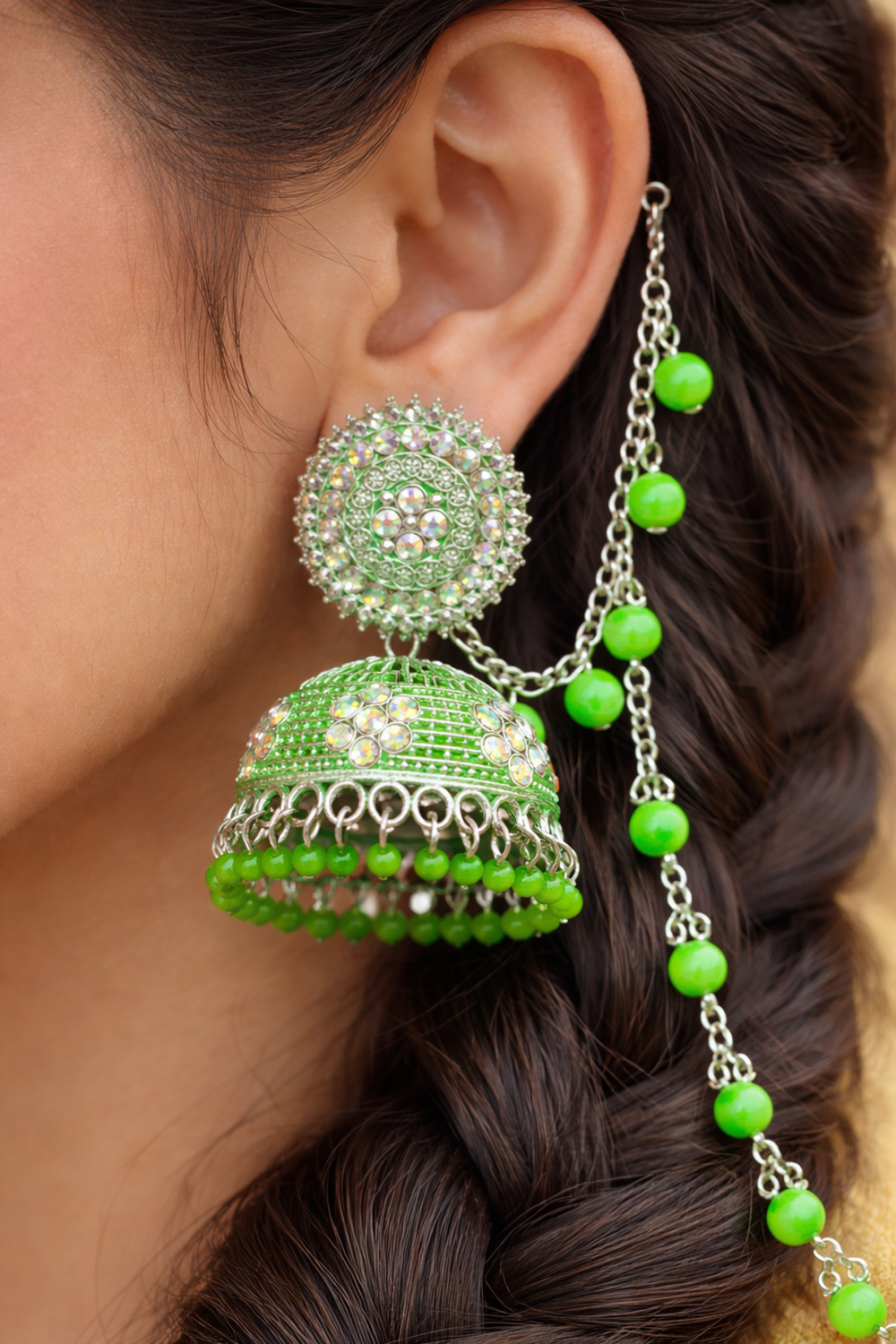 Anti-Tarnish Green Pearl Earrings Jhumka with Ear Chain