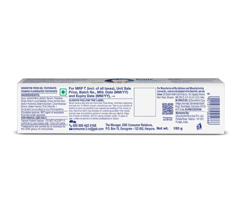 Sensodyne Toothpaste Fresh Gel | Daily Sensitivity Relief Tooth Paste Pack of 1 - 150gm | Dentist Recommended |Free Sansodyne toothbrush worth-62