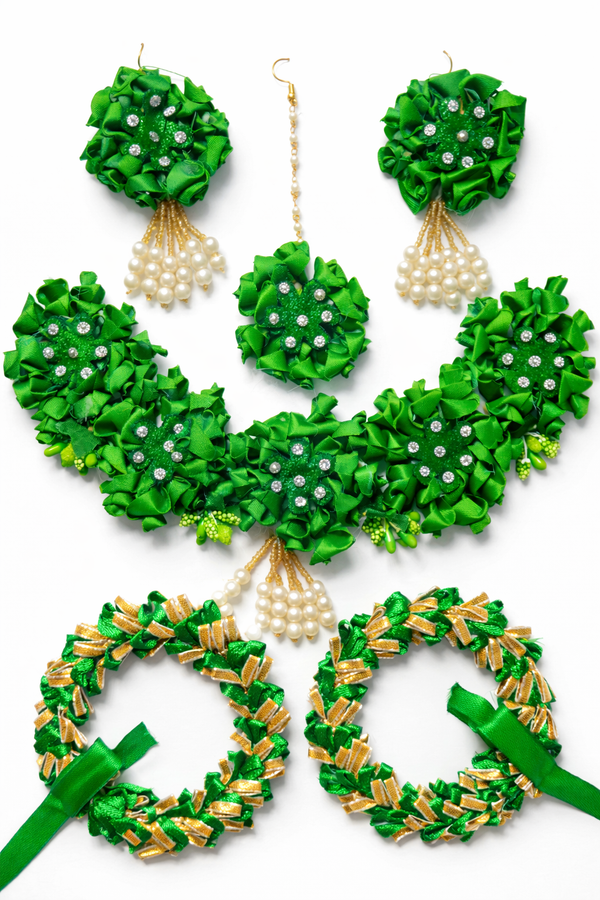 Bridal Haldi ceremony  Floral Necklace Set with Earrings & Maang Tikka