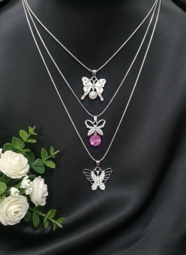 Anti-Tarnish Butterfly Necklace Pack of 3 Elegant Silver Finish