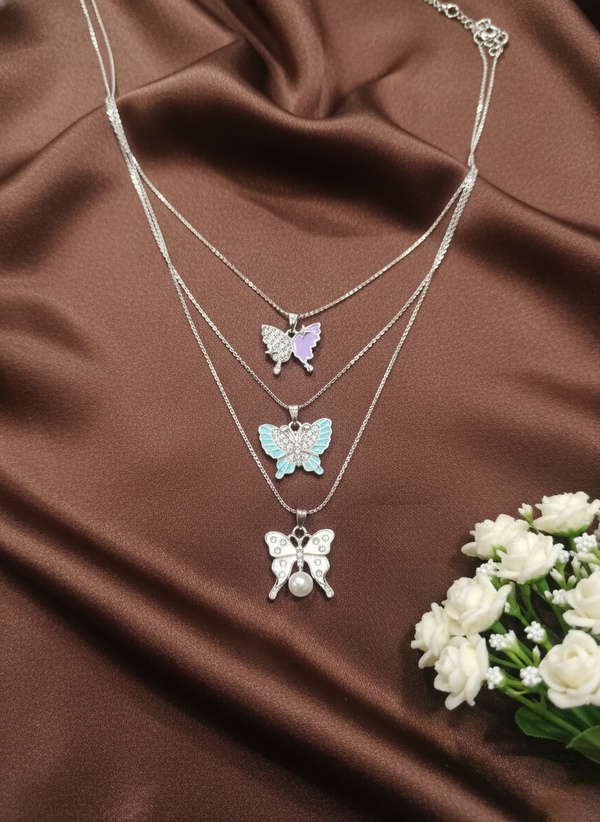 Sweet Butterfly Pendant Necklace Set of 3 | Anti-Tarnish Silver Finish Jewellery